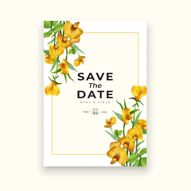 水彩花のクリーミーな結婚式の招待カードテンプレート