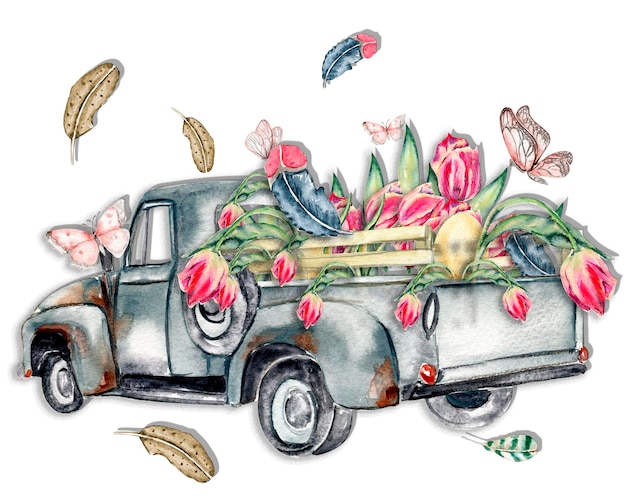 Акварельная открытка с тюльпанами, перьями, бабочкой и деревенским кувшином. Весенние цветы