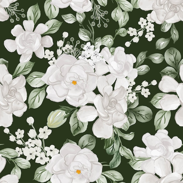 수채화 꽃 치자 흰색과 잎 원활한 패턴