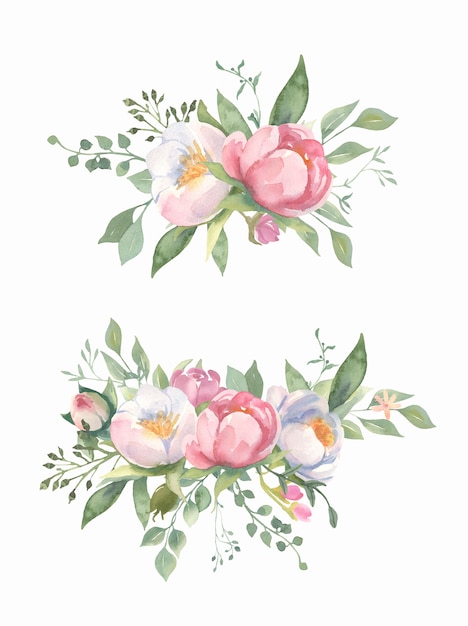 Vector watercolor  flower and green leaf branches bouquets collection.