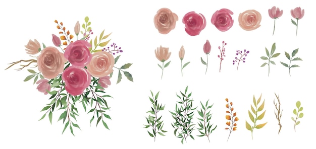 Elementi di fiori e foglie ad acquerello e bouquet di fiori ad acquerello