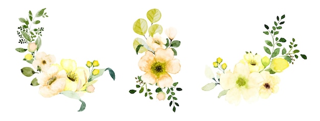 Watercolor flower and leaves bouquets set. Botanic composition watercolor hand-painted isolated on white background, suitable for card design, wedding, invitations, greeting, Save the date.