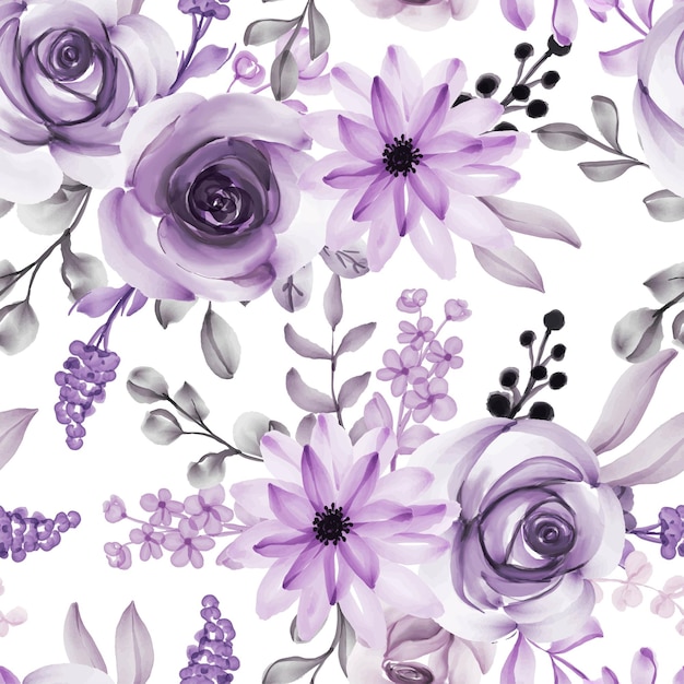 Vector watercolor flower and leaves purple seamless pattern