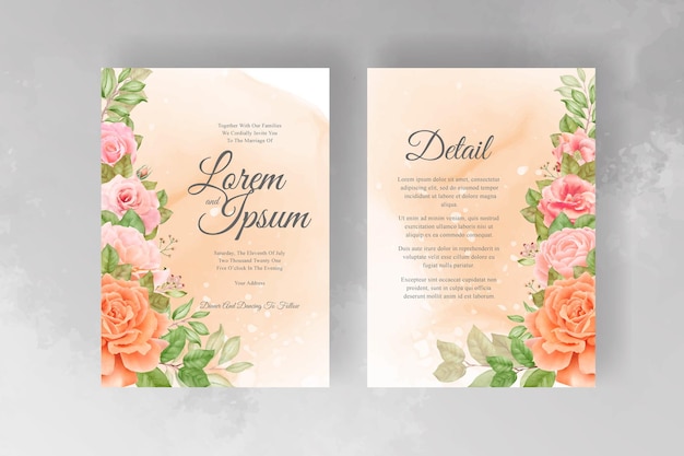 Шаблон приглашения на свадьбу с акварельными цветами и листьями