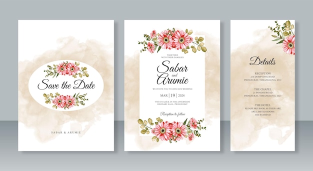 Watercolor flower painting for wedding invitation card template set