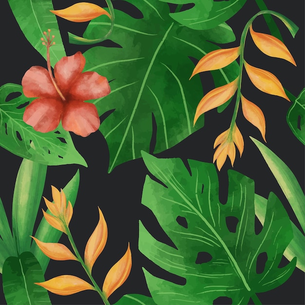 Watercolor flower and tropical leaves seamless pattern