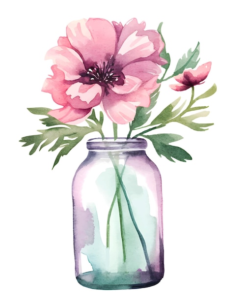 花瓶のイラストの水彩画の花