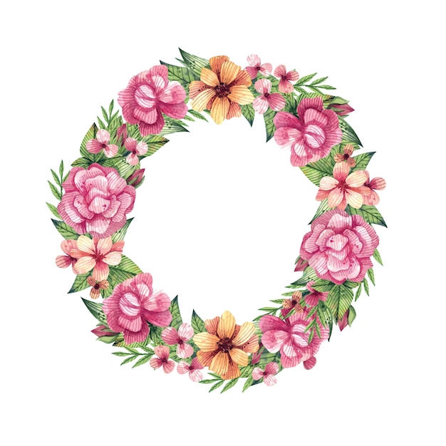 Watercolor flower wreath. Summer floral frame with bright leaves and  flowers, hand drawn watercolor.