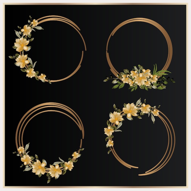 Watercolor flower wreath with gold circle