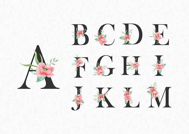 Watercolor flowers on alphabet a to m template