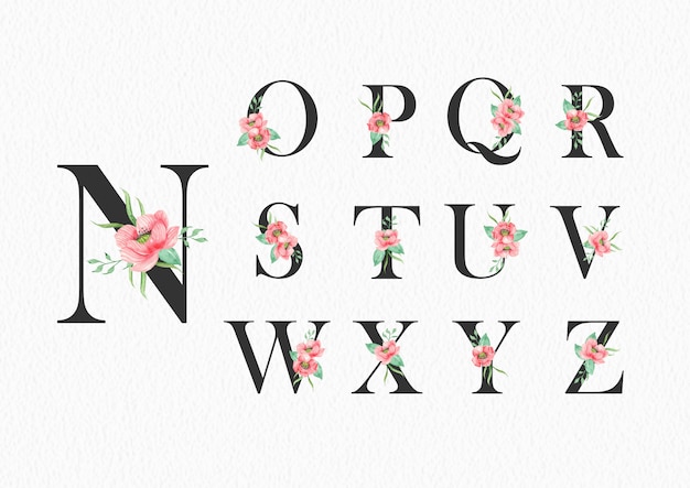 Watercolor flowers on alphabet n to z template