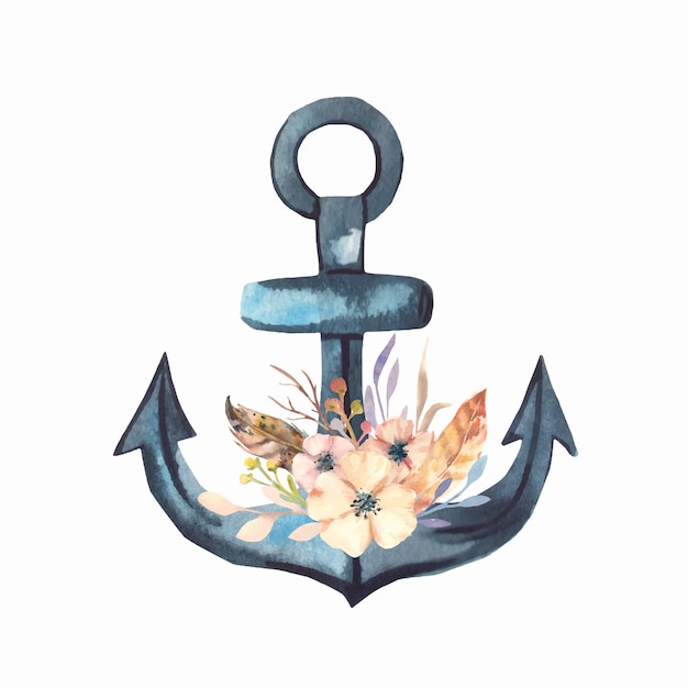 Vector watercolor flowers and anchor.