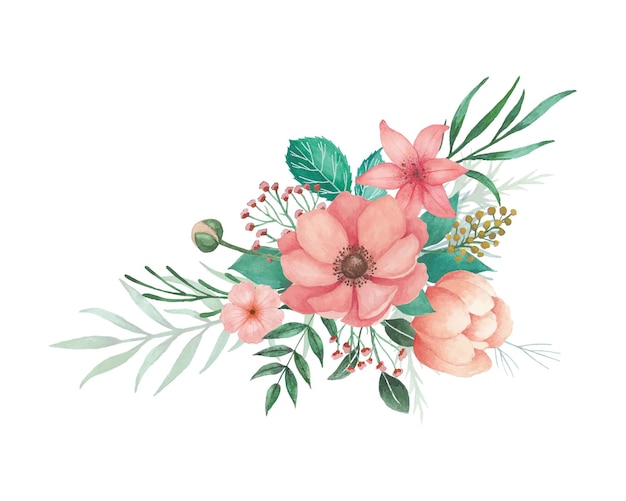 Vector watercolor flowers arrangement for wedding invitation with coral anemones buds and green leaves