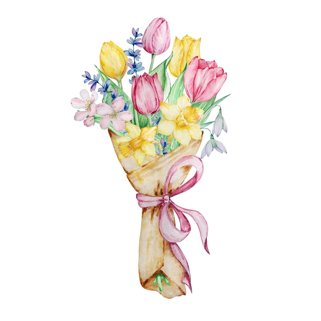 Watercolor flowers, bouquet in a paper wrapper with tulips, daffodils and snowdrops.