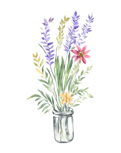 Watercolor flowers bouquet in a pretty glass vase vector