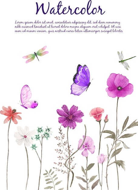 Watercolor flowers and butterflies isolated on white background Hand drawn illustration