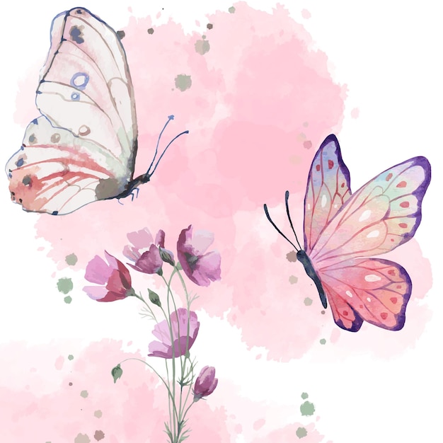 акварельные цветы и бабочки