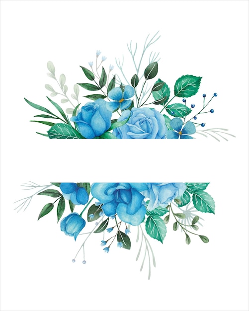 Illustrazione della cornice di fiori ad acquerello per invito a nozze con rose blu e foglie verdi