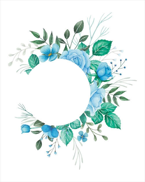 Watercolor flowers frame illlustration for wedding invitation with blue roses and green leaves