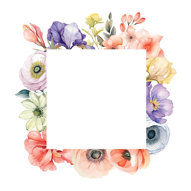 アクアカラー花のフレームに色とりどりの葉枝野生の花イラスト要素