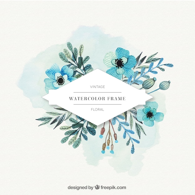 watercolor flowers label in blue tones