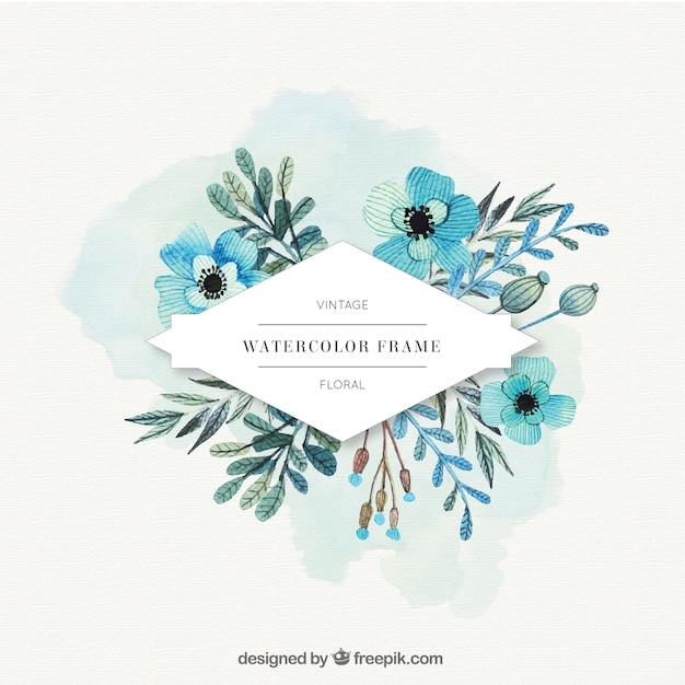 Vector watercolor flowers label in blue tones