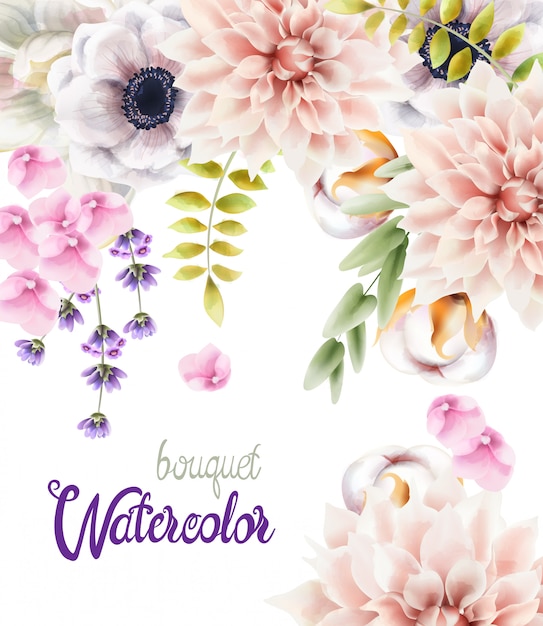 Watercolor flowers and leaves bouquet