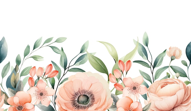 Vector watercolor flowers seamless border with colorful leaves branches wildflowers illustration elements