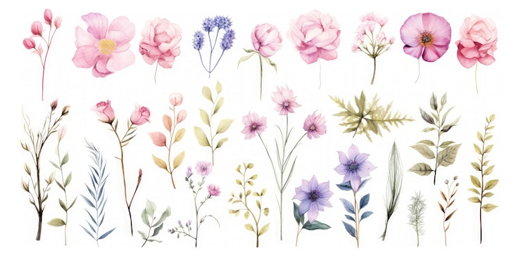 水彩の花は、白い背景の上の図のシンプルなイラストレーターの花のコレクションを設定