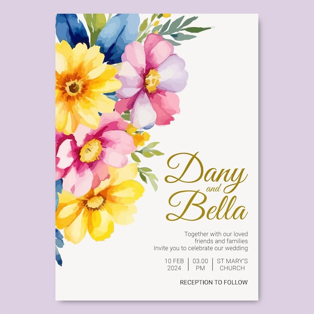 Vector watercolor flowers wedding invitation template