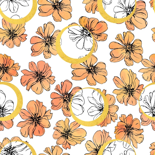 Watercolor flowers with black and white flowers in gold circles botanical vector seamless pattern