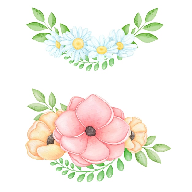 Vector watercolor flowers wreath from chamomile and poppy