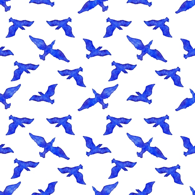 Watercolor flying bird animal blue white seamless pattern vector