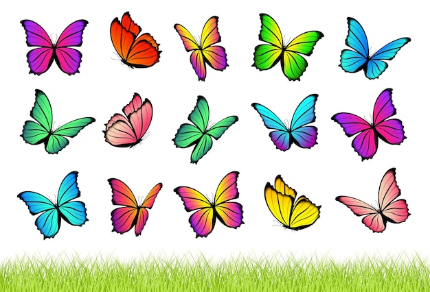 Vector watercolor flying butterflies isolated on transparent background with seamless grass border pretty vector butterfly set with spring palette for child decoration elements