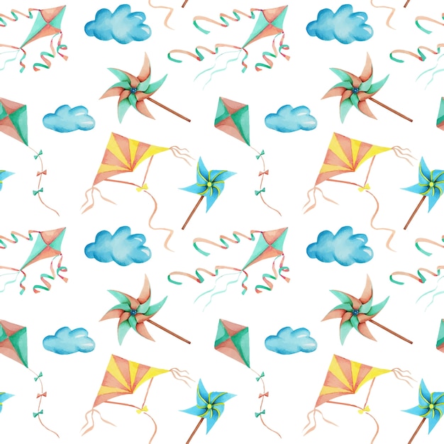 Vector watercolor flying kites in the sky seamless pattern