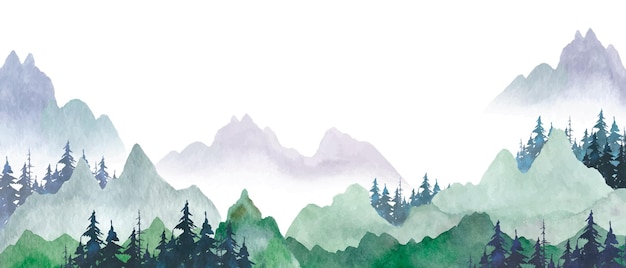 Watercolor foggy forest mountains clipart