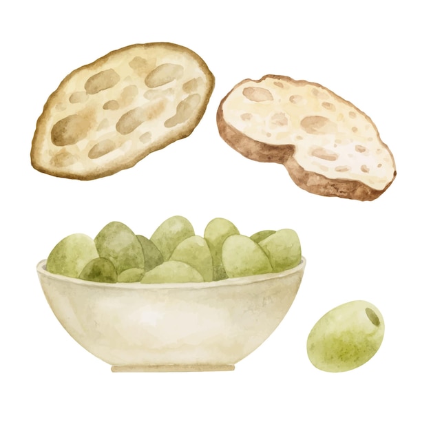 Watercolor food illustration Baguette slice and olives in plate