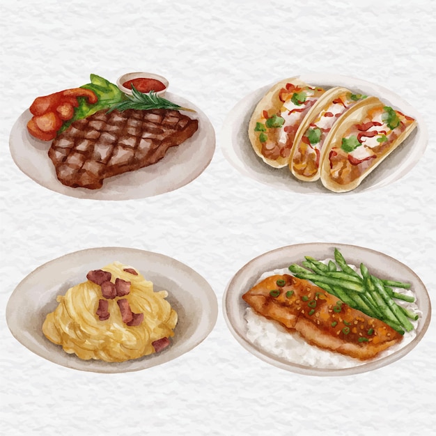 Watercolor food taco steak pasta rice with steak illustration