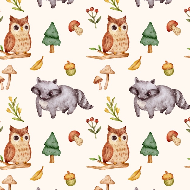 수채화 숲 동물 패턴 디자인