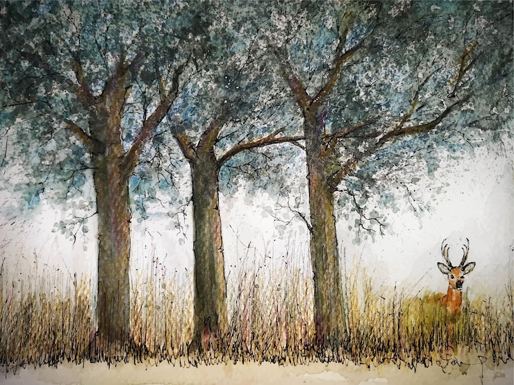 Vector watercolor forest landscape drawing background