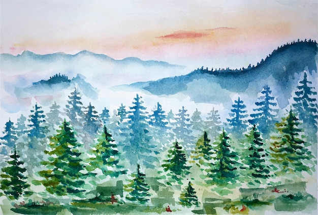 Watercolor forest and mountains