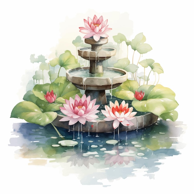 Vector a watercolor fountain surrounded with water lilies