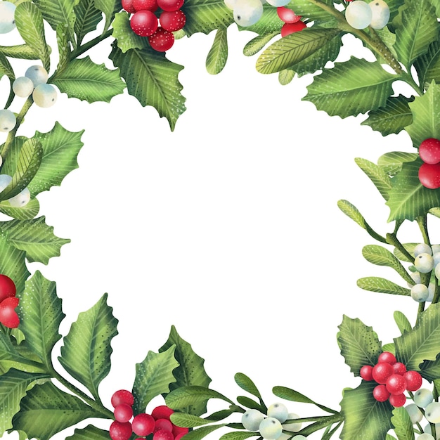 Watercolor frame holly and mistletoe