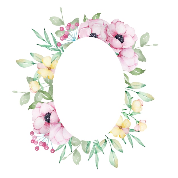 Watercolor frame oval of pink anemones