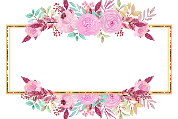 Vector watercolor frame of pink roses and green leaves