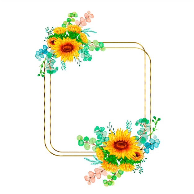 Watercolor frame sunflower autumn.Watercolor sunflowers wooden signboard , hand drawn floral.