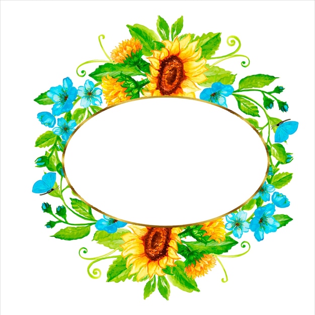 Watercolor frame sunflower autumn.Watercolor sunflowers wooden signboard , hand drawn floral.