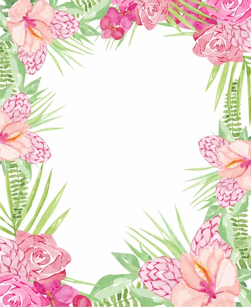 Watercolor frame tropical leaves and flowers on white background