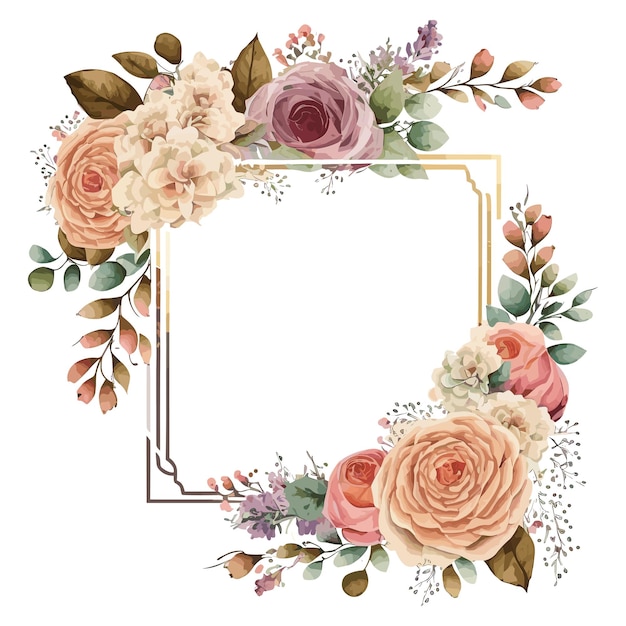 Watercolor frame with a gold frame and flowers