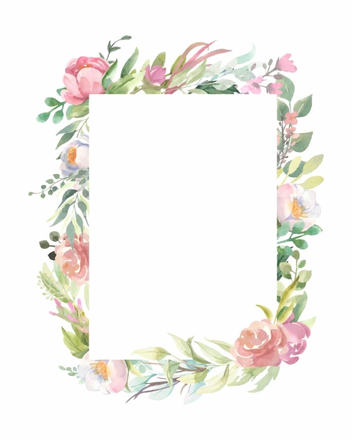 Watercolor frame  with pink flower bouquets, green leaves.